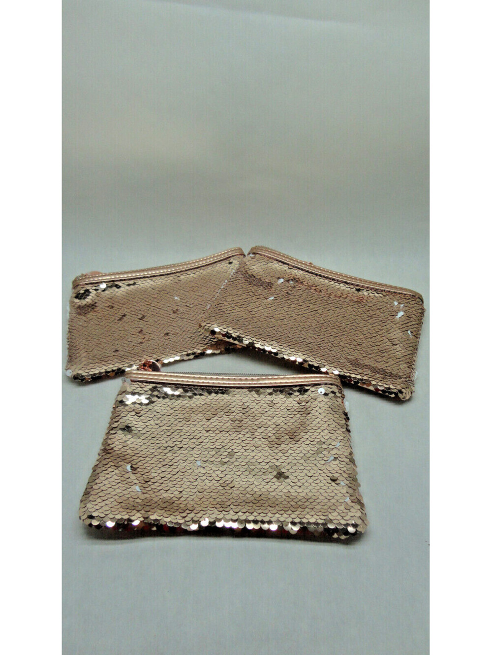 3 pack Reversible Sequin Makeup Cosmetic Pouch Travel Bag Rose Gold / Whie